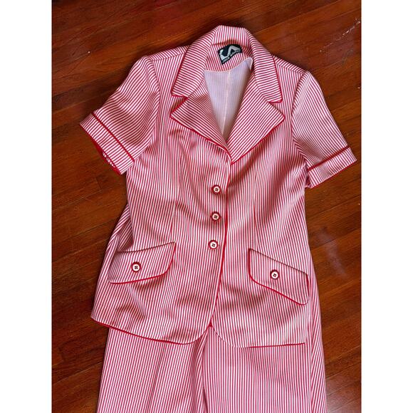 Vintage 70’s Jack Winter Red White Striped Outfit Blouse Pant Set Large Holiday - Picture 4 of 8
